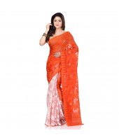 Desh Bidesh Women`s Bengal Handloom Tant Soft Dhakai Jamdani Cotton Saree Whole Body Design (Orange White)